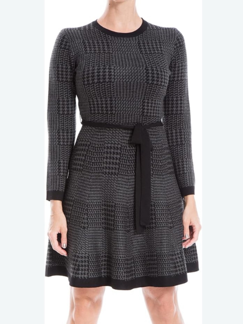 Max Studio Fit & Flare Sweater Dress (XS)- Black/Gray Houndstooth Knit, Belted